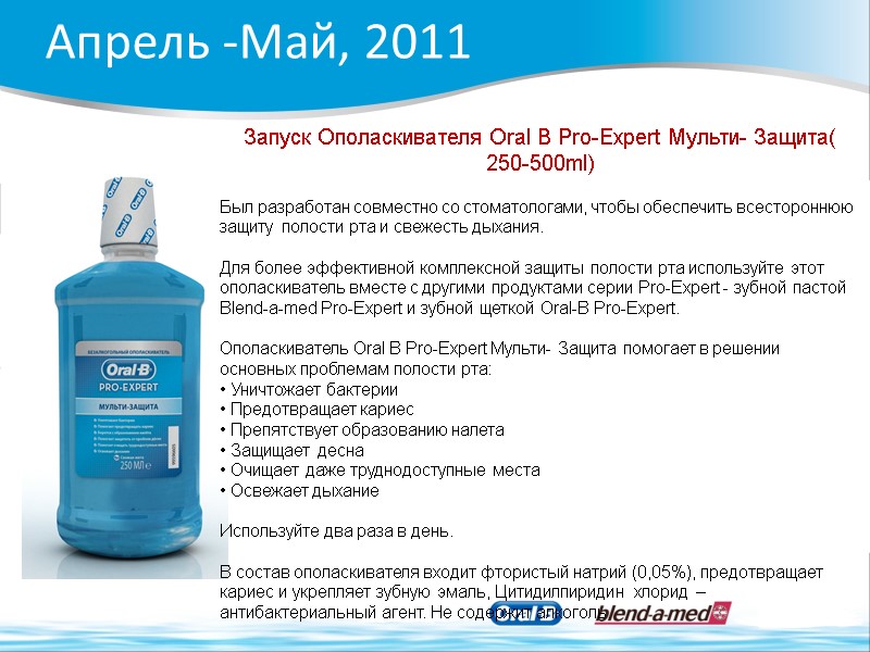 Апрель -Май, 2011 Запуск Ополаскивателя Oral B Pro-Expert Мульти- Защита( 250-500ml)   Был